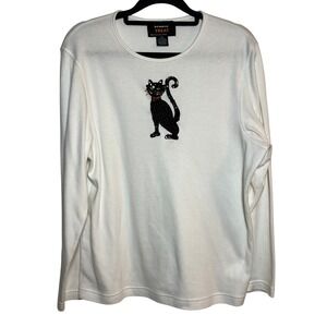 Vintage Halloween Black Cat Sequin White Long‎ Sleeve Shirt Top Petite XL Spooky